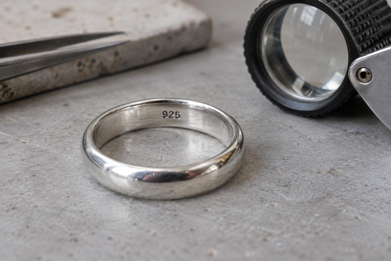 Detalle de un anillo de plata con el sello 925 en el interior y una lupa de joyero